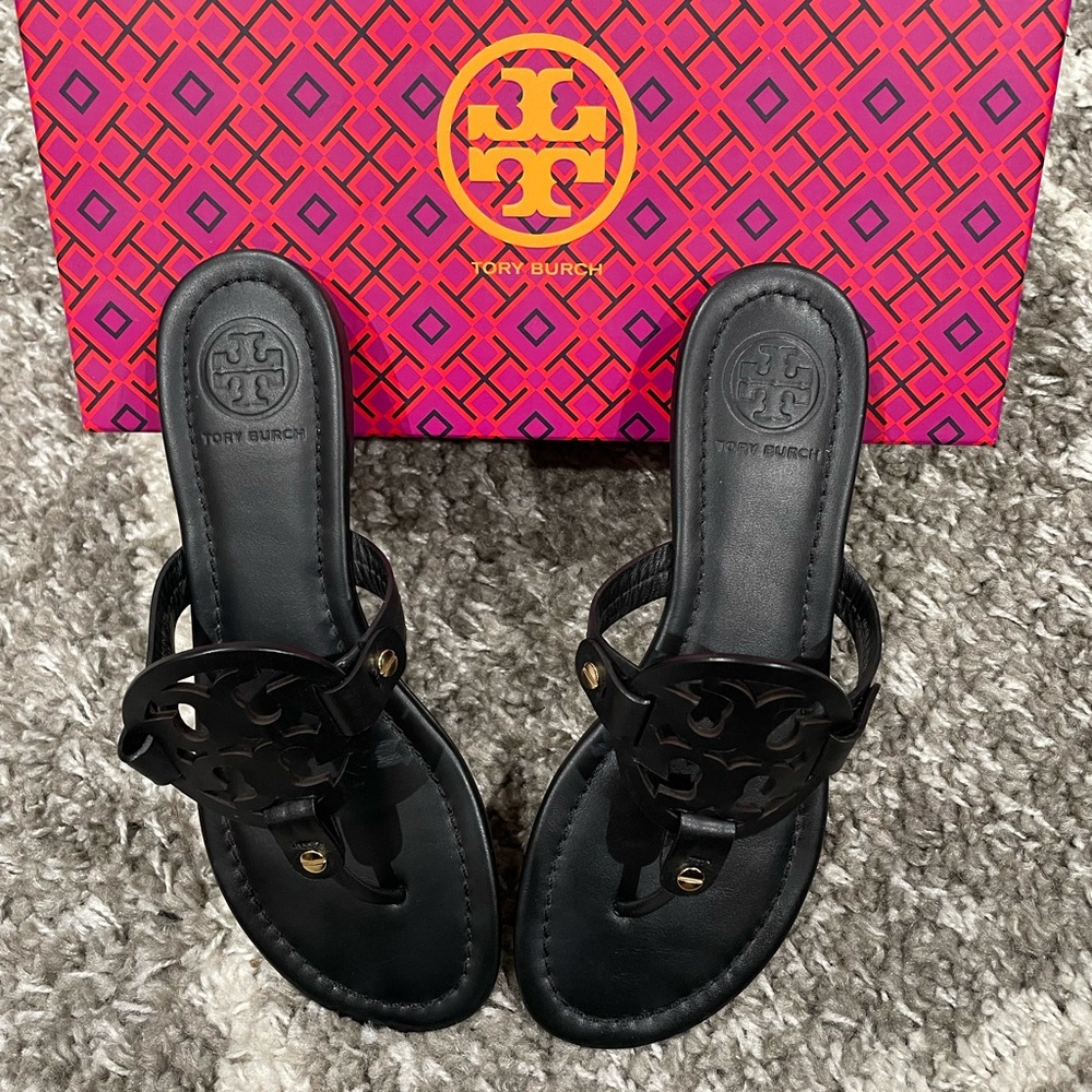 Tory Burch Black Leather Logo Sandals